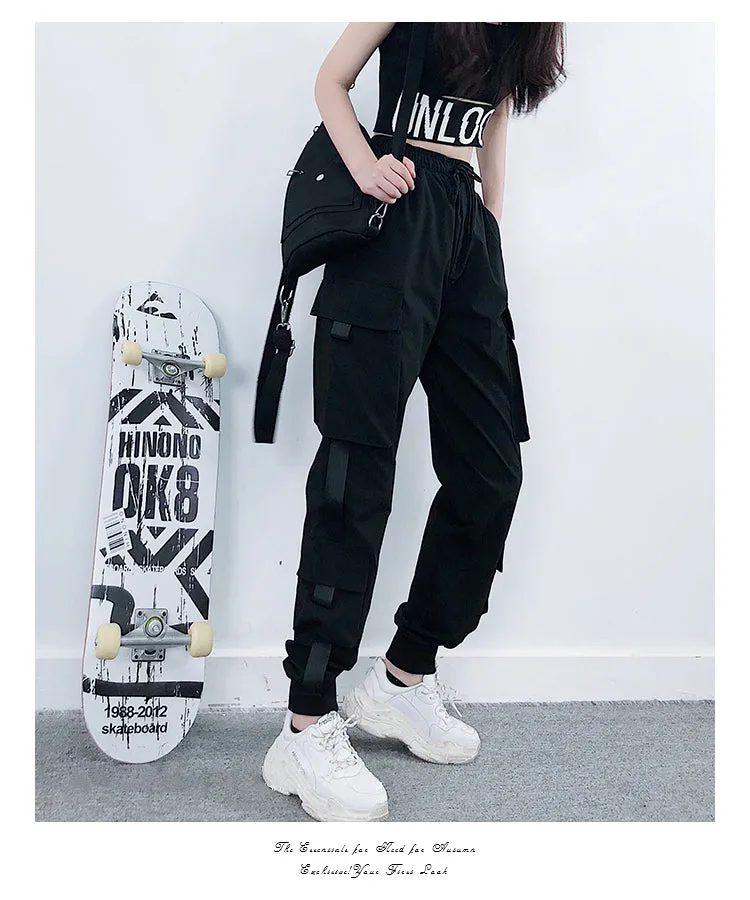 Women Black Ankle Length Elastic Waist Fashion Streetwear Cargo Pants