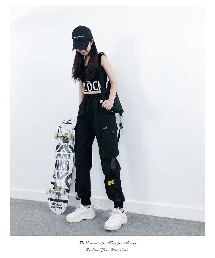 Women Black Ankle Length Elastic Waist Fashion Streetwear Cargo Pants