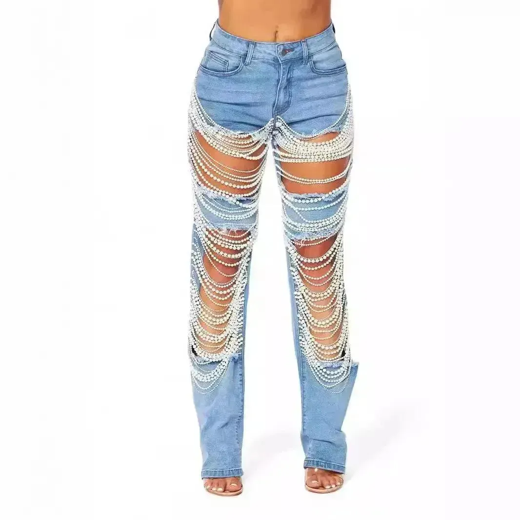 Women Creative Casual Ripped Denim Jeans  Straight Leg Pant Trouser