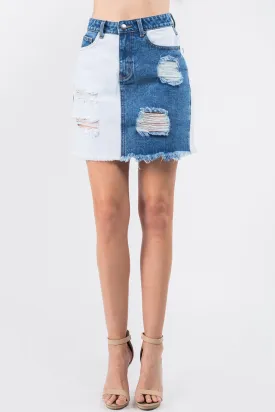 Women's American Bazi Contrast Patched Frayed Denim Distressed Skirts