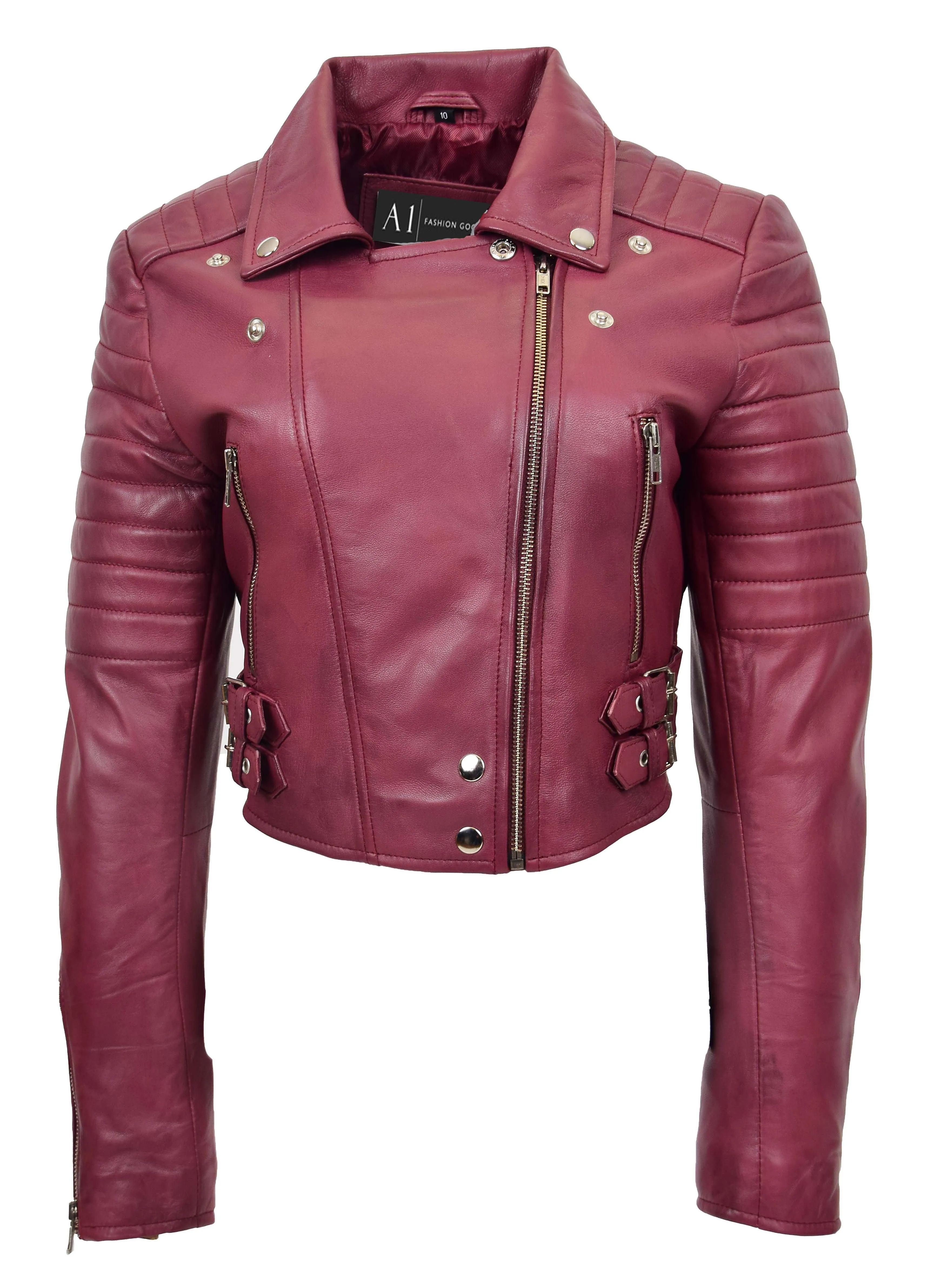 Womens Fitted Cropped Bustier Style Leather Jacket Amanda Burgundy