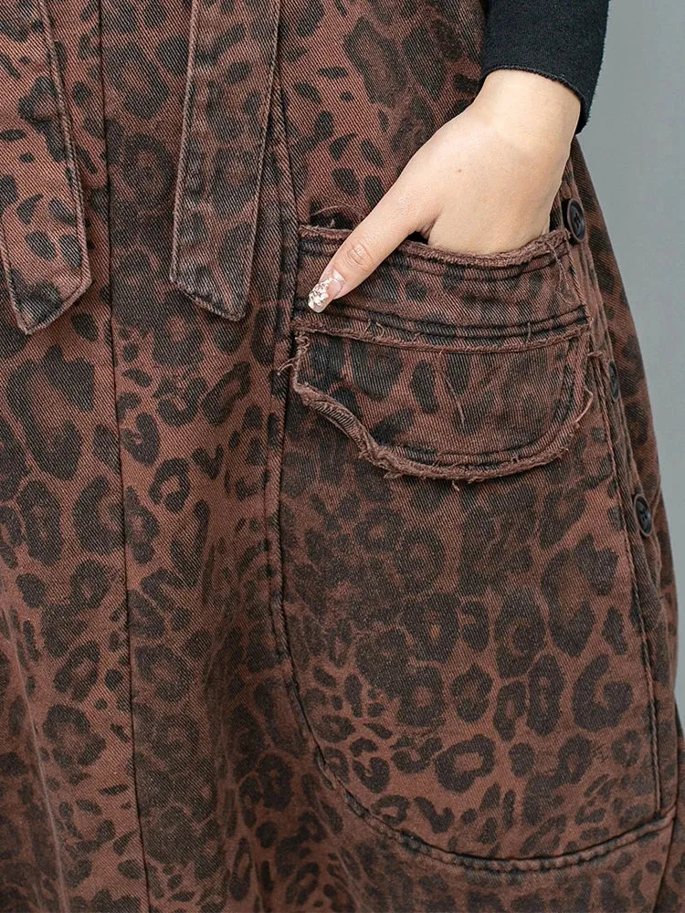 Women's Leopard Stained Distressed Denim Overalls