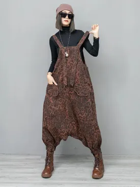 Women's Leopard Stained Distressed Denim Overalls