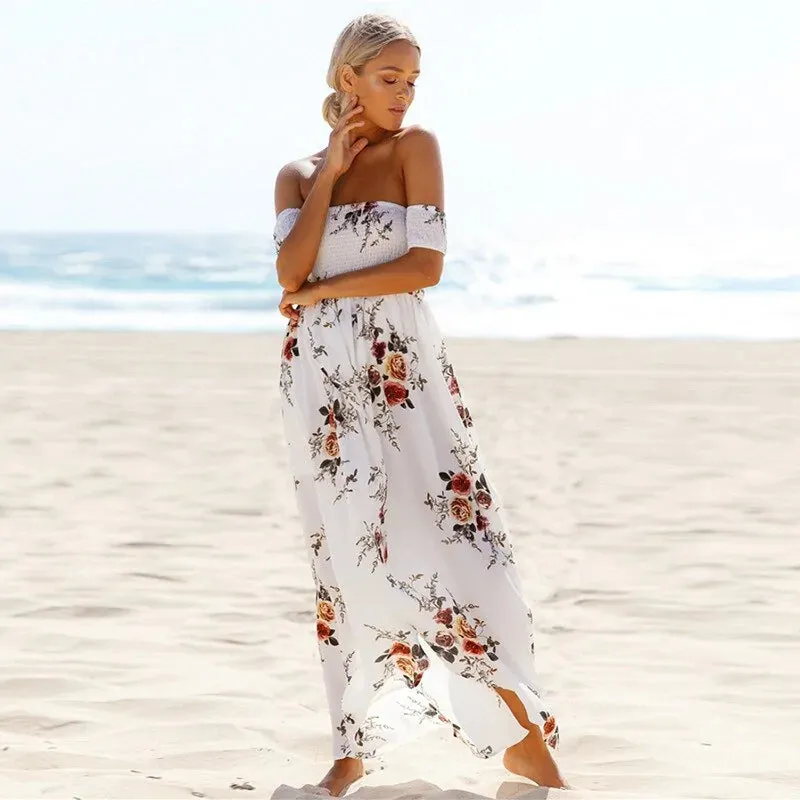 Womens Off Shoulder Sexy Split Beach Summer Dress