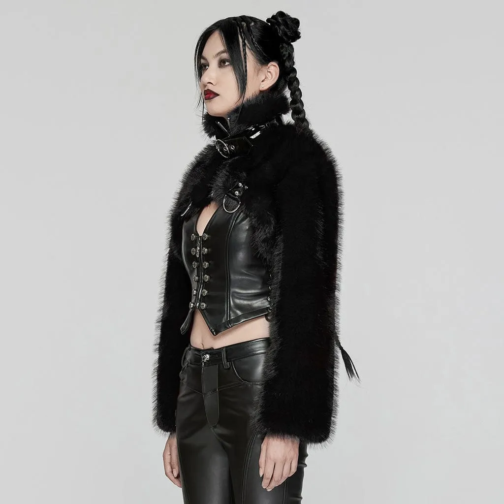 Women's Punk Stand Collar Faux Fur Short Jacket Black