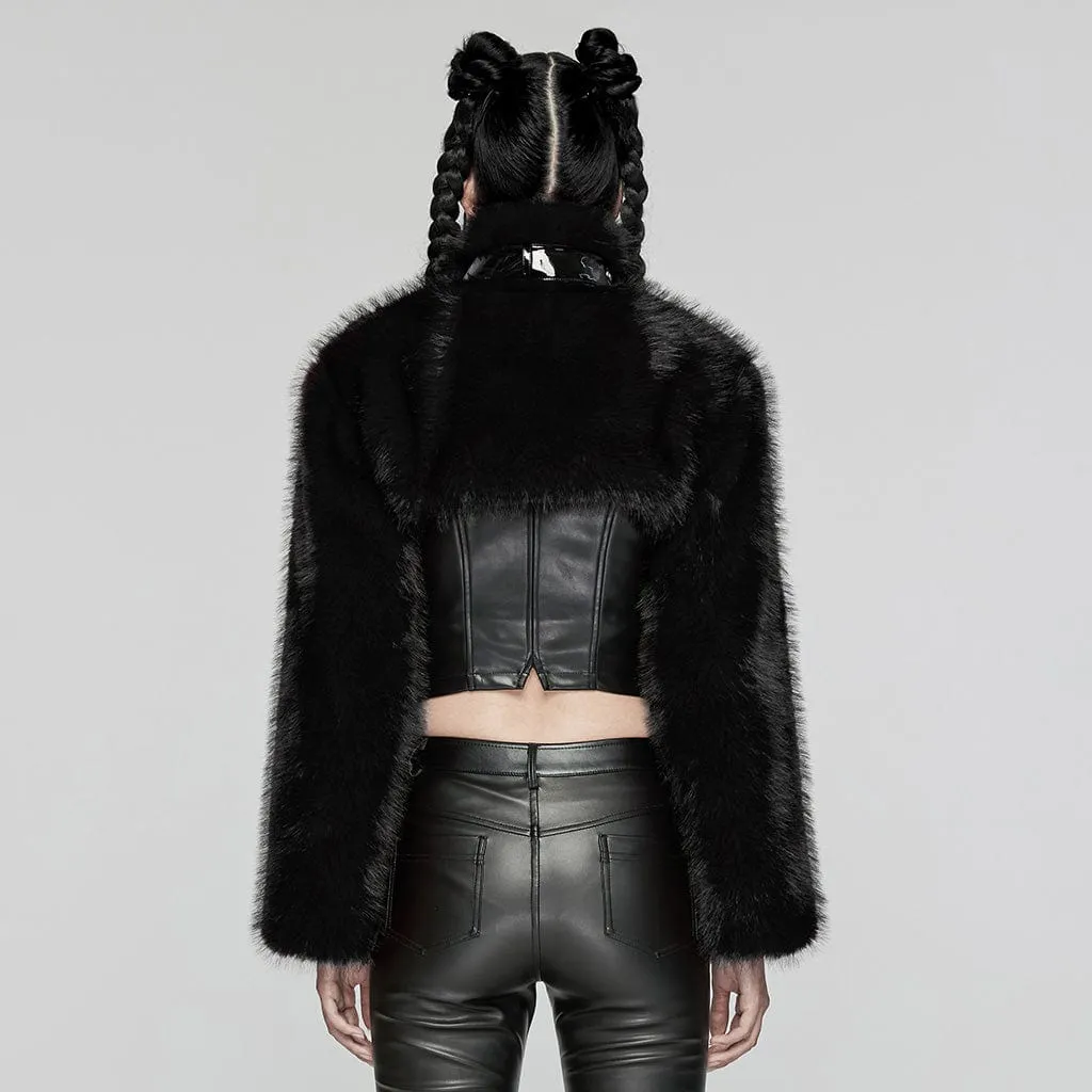 Women's Punk Stand Collar Faux Fur Short Jacket Black