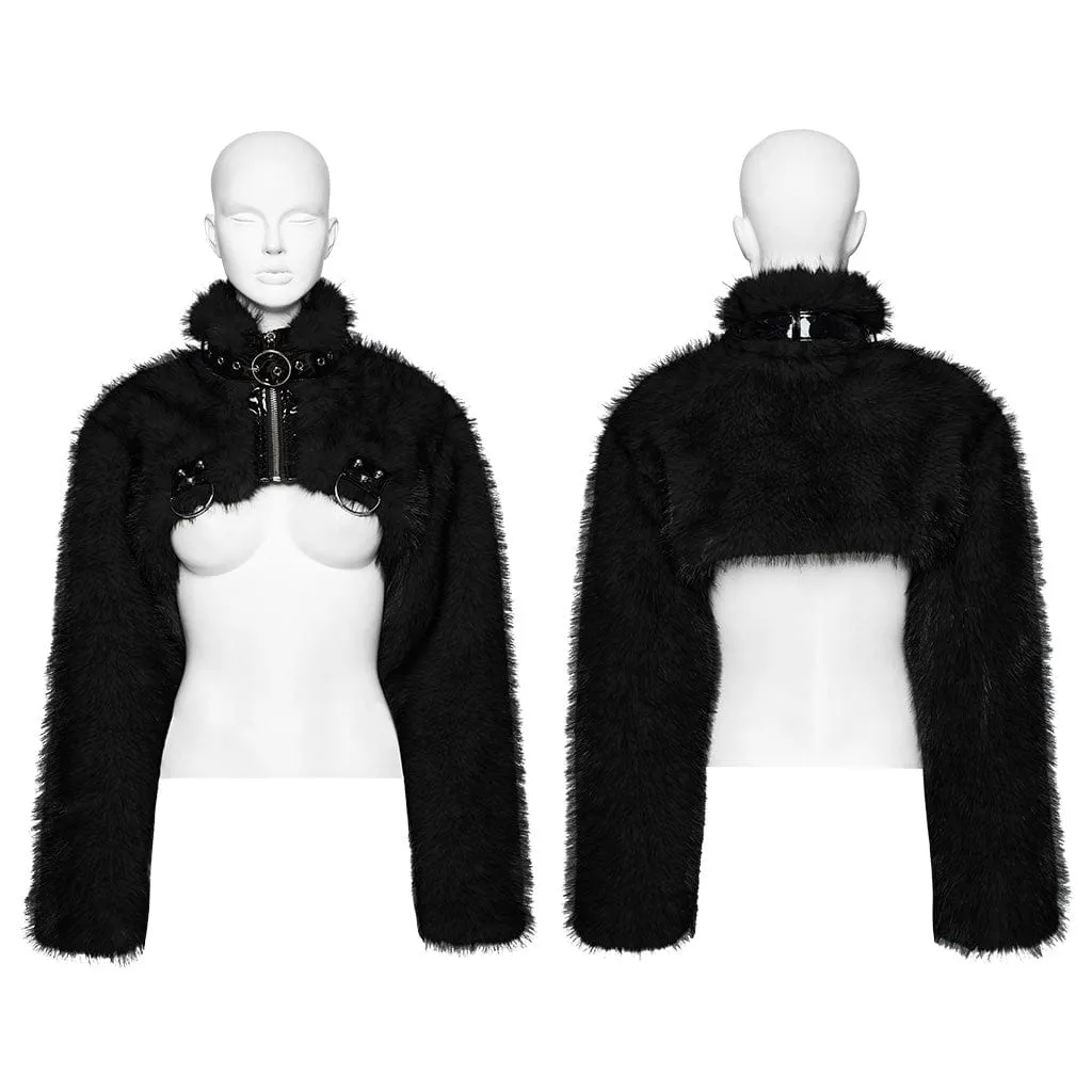 Women's Punk Stand Collar Faux Fur Short Jacket Black