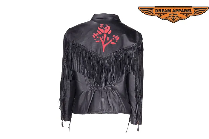 Womens Red Rose Inlay Leather Jacket