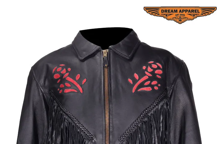 Womens Red Rose Inlay Leather Jacket