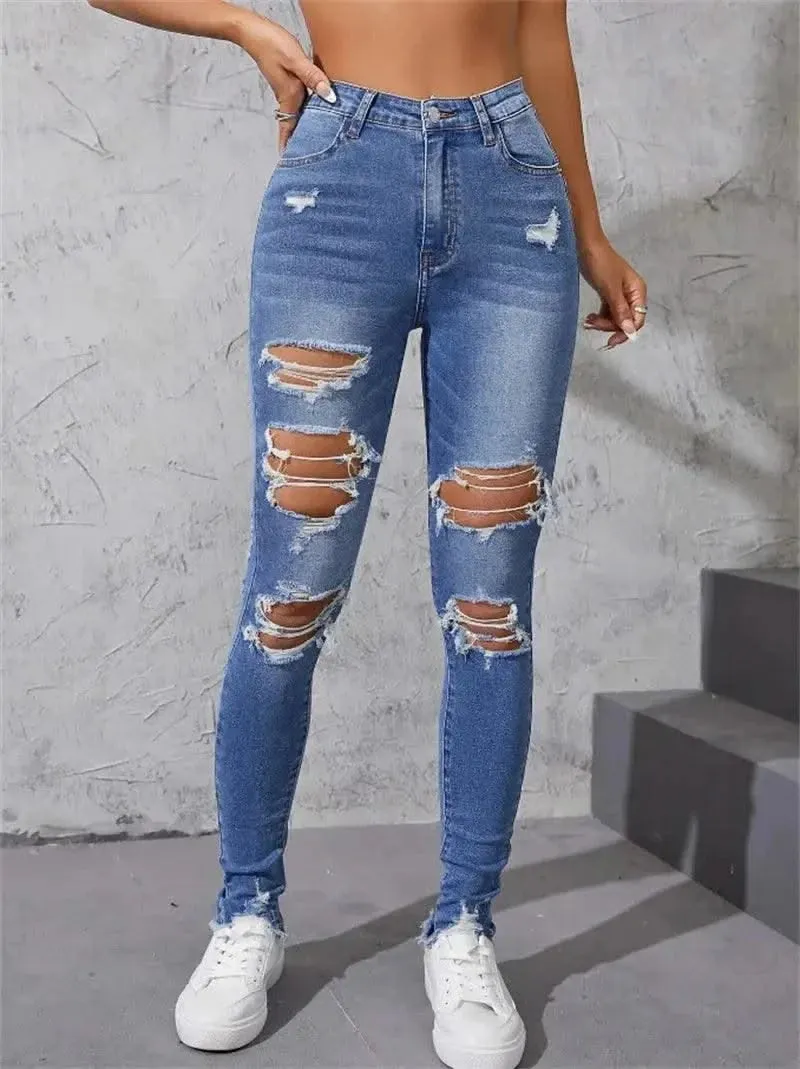 Women's Ripped Skinny Jeans - Fashionable High Stretch Slim Fit Butt Lift Denim Pencil Pants