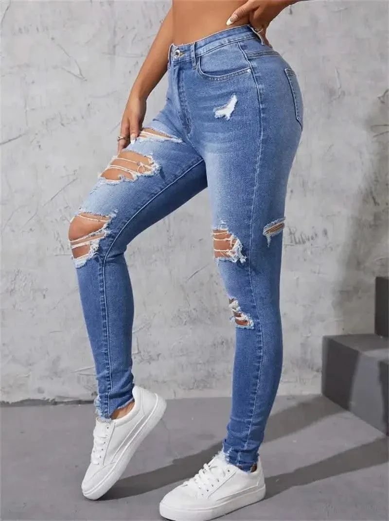 Women's Ripped Skinny Jeans - Fashionable High Stretch Slim Fit Butt Lift Denim Pencil Pants