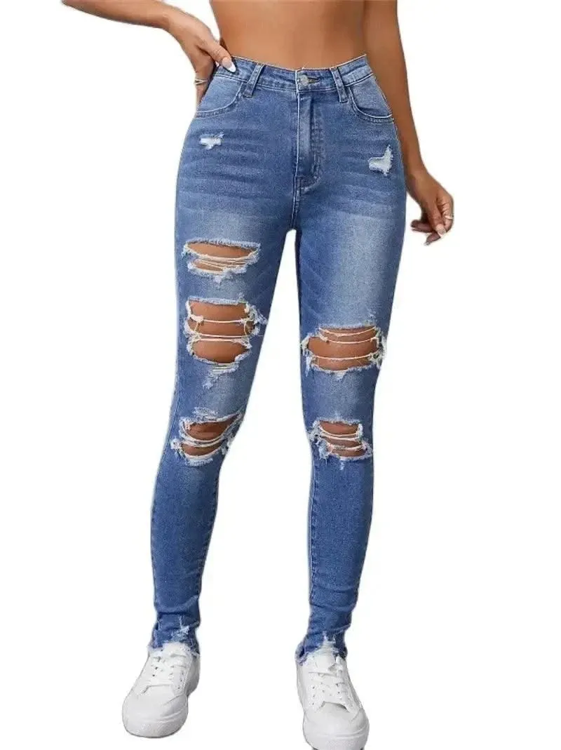 Women's Ripped Skinny Jeans - Fashionable High Stretch Slim Fit Butt Lift Denim Pencil Pants