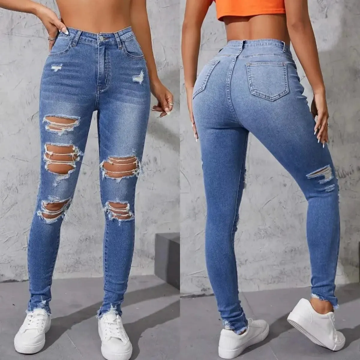 Women's Ripped Skinny Jeans - Fashionable High Stretch Slim Fit Butt Lift Denim Pencil Pants