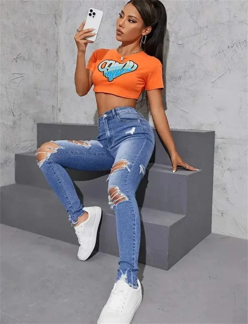 Women's Ripped Skinny Jeans - Fashionable High Stretch Slim Fit Butt Lift Denim Pencil Pants