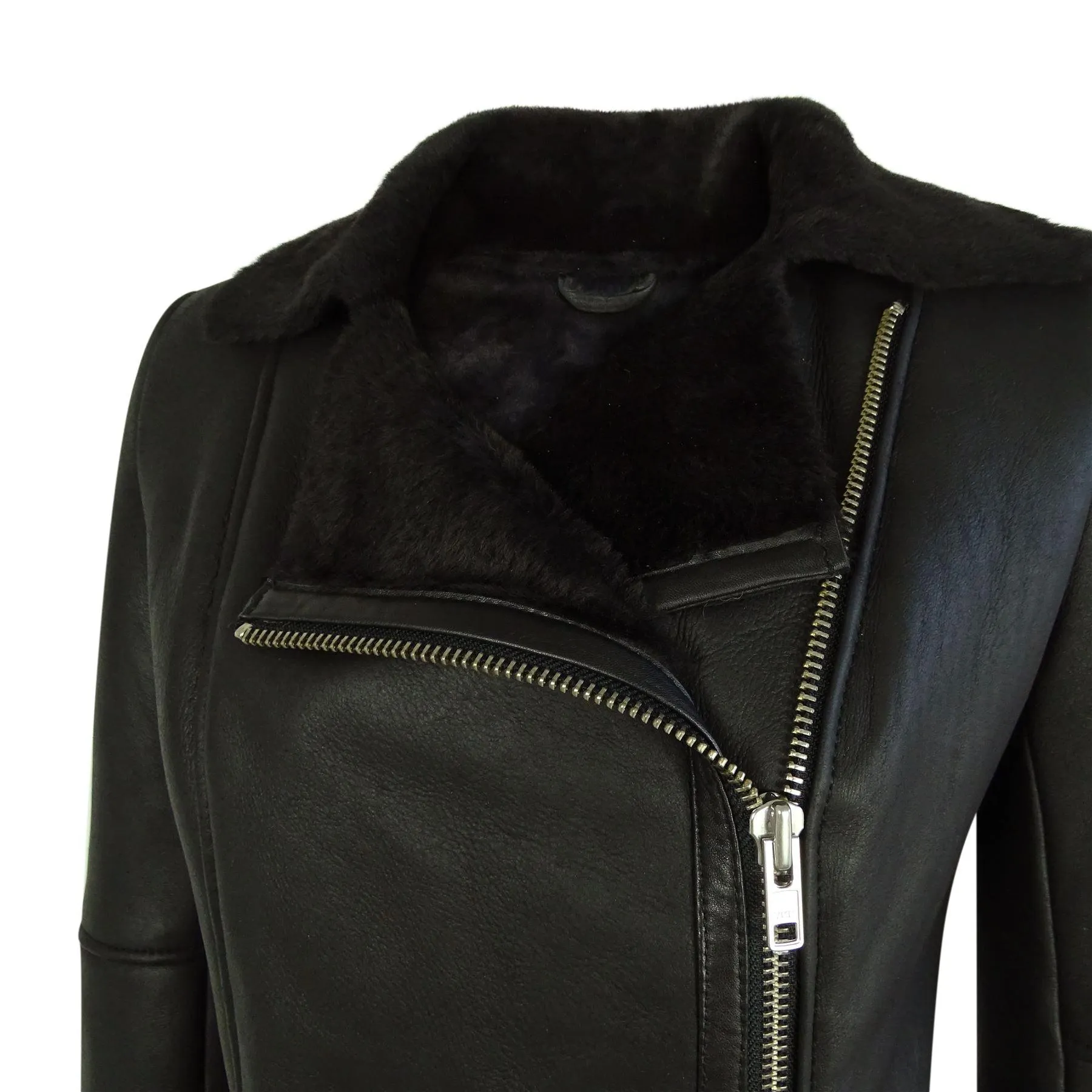 Womens Short Tailored Fit Morino Black Real Sheepskin Cross Zip Biker Style