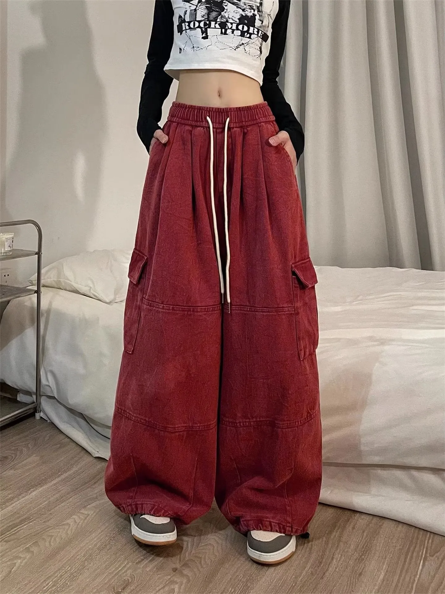 xiangtuibao Cool Drag Girl Dopamine Dark Blue Overalls Male and Female Large Size Loose Wide Leg Mop Pants Spring and Summer Casual Pants Fashion