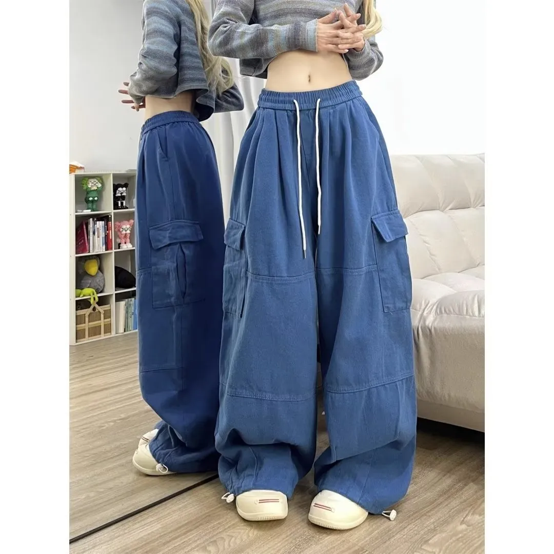 xiangtuibao Cool Drag Girl Dopamine Dark Blue Overalls Male and Female Large Size Loose Wide Leg Mop Pants Spring and Summer Casual Pants Fashion