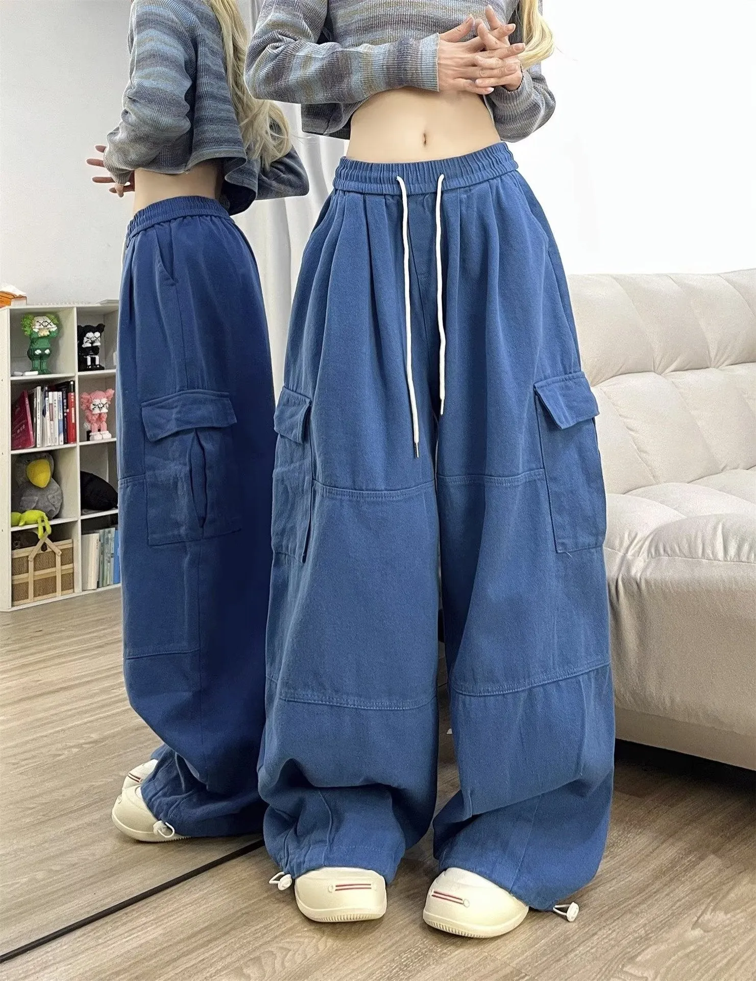 xiangtuibao Cool Drag Girl Dopamine Dark Blue Overalls Male and Female Large Size Loose Wide Leg Mop Pants Spring and Summer Casual Pants Fashion