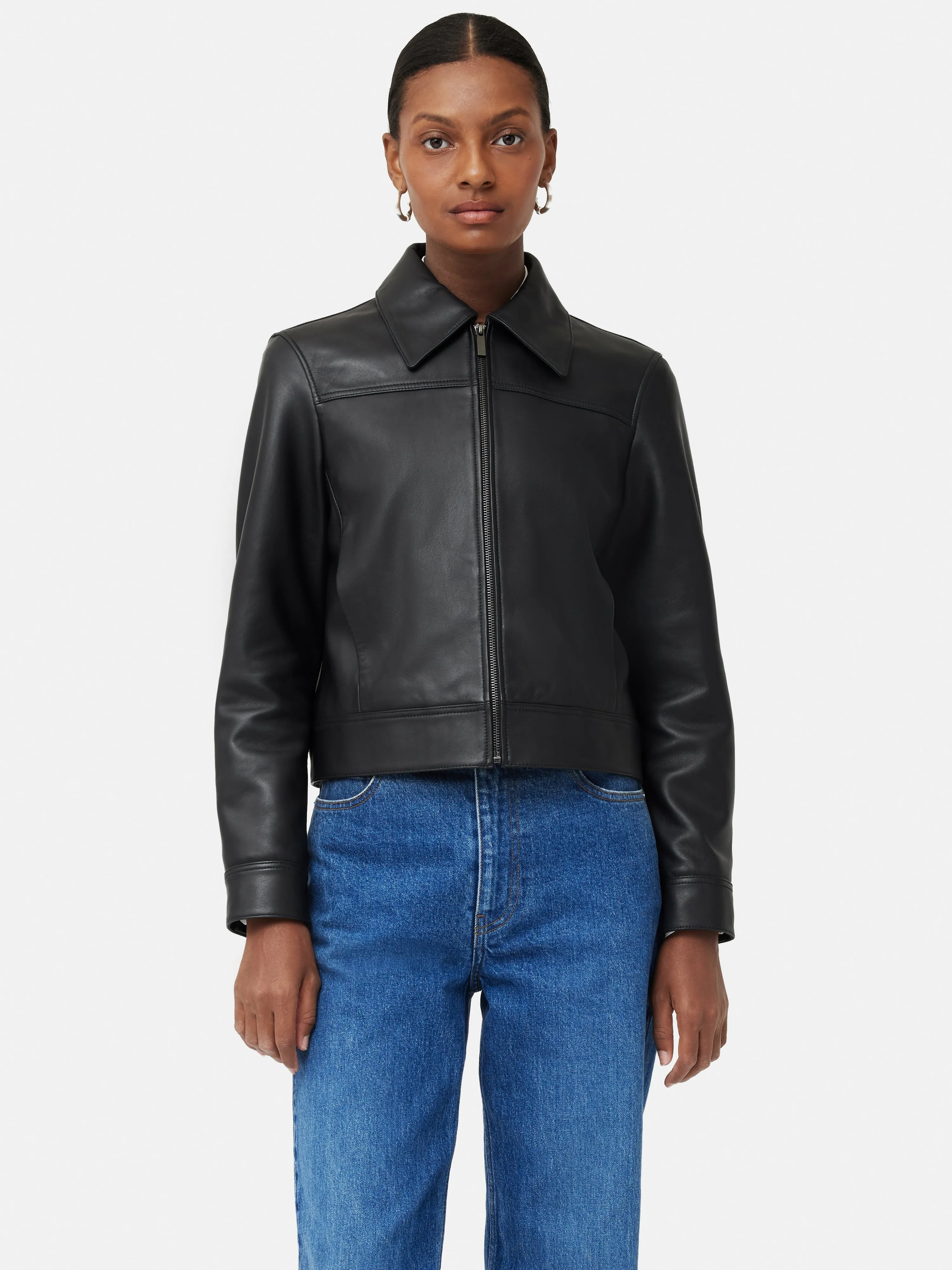 Zip Front Leather Biker Jacket | Black